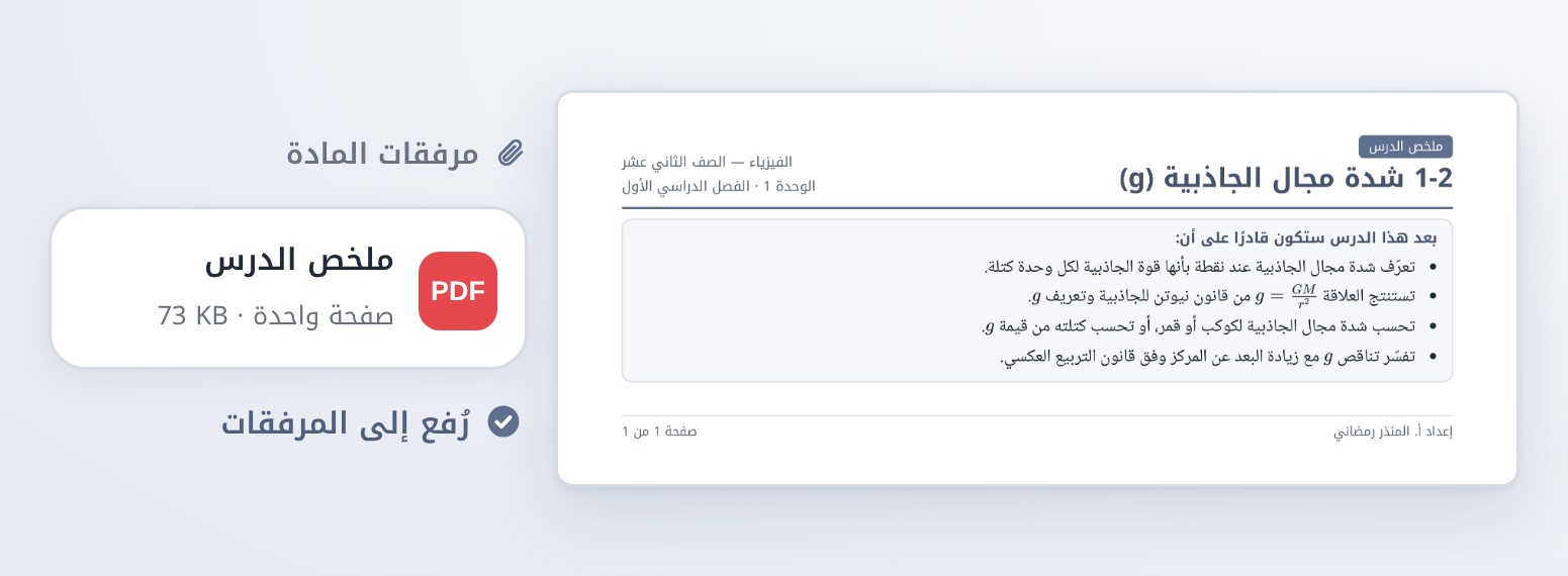 ملخص درس حقيقي مرفوع إلى «مرفقات المادة»: ملف PDF باسم الدرس، واسم المعلم أسفل الصفحة